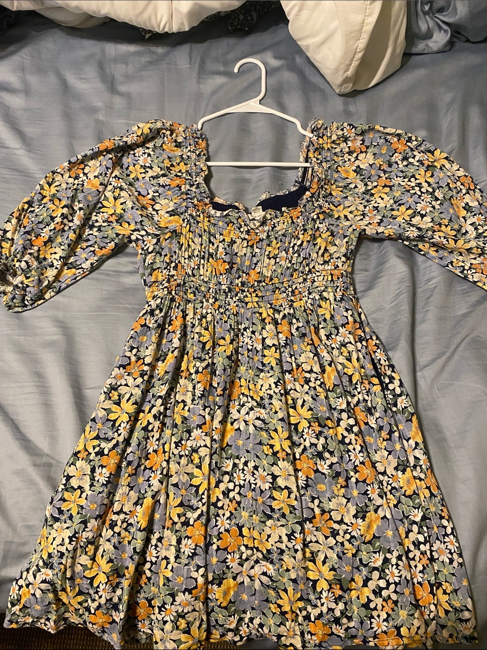 American Eagle Outfitters Blue Floral Smocked Waist Puff-Sleeve Dress